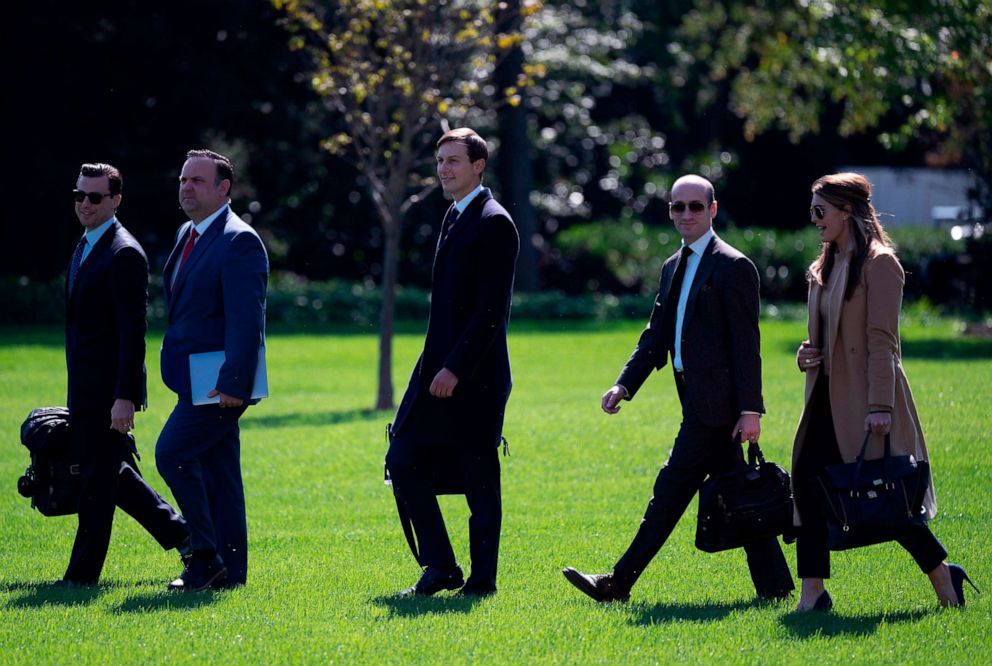 PHOTO: From left, members of the White House staff, Nicholas Luna, Dan Scavino, Jared Kushner, Stephen Miller and Hope Hicks, walk to Marine One to depart from the South Lawn of the White House, Sept. 30, 2020.