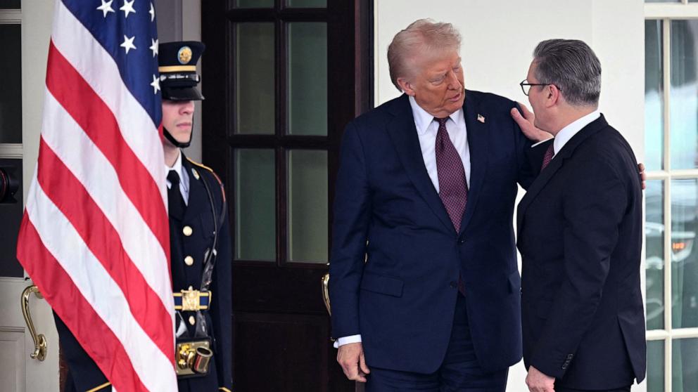 PHOTO: President Donald Trump greets British Prime Minister Keir Starmer at the entrance of the West Wing of the White House in Washington, DC, on Feb. 27, 2025