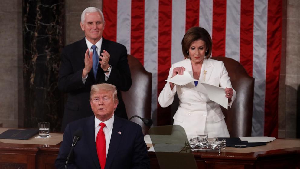 PHOTO: House Speaker Nancy Pelosi rips up papers after President Donald Trump delivers a State of the Union address to a joint session of Congress at the Capitol in Washington, D.C., Feb. 4, 2020.