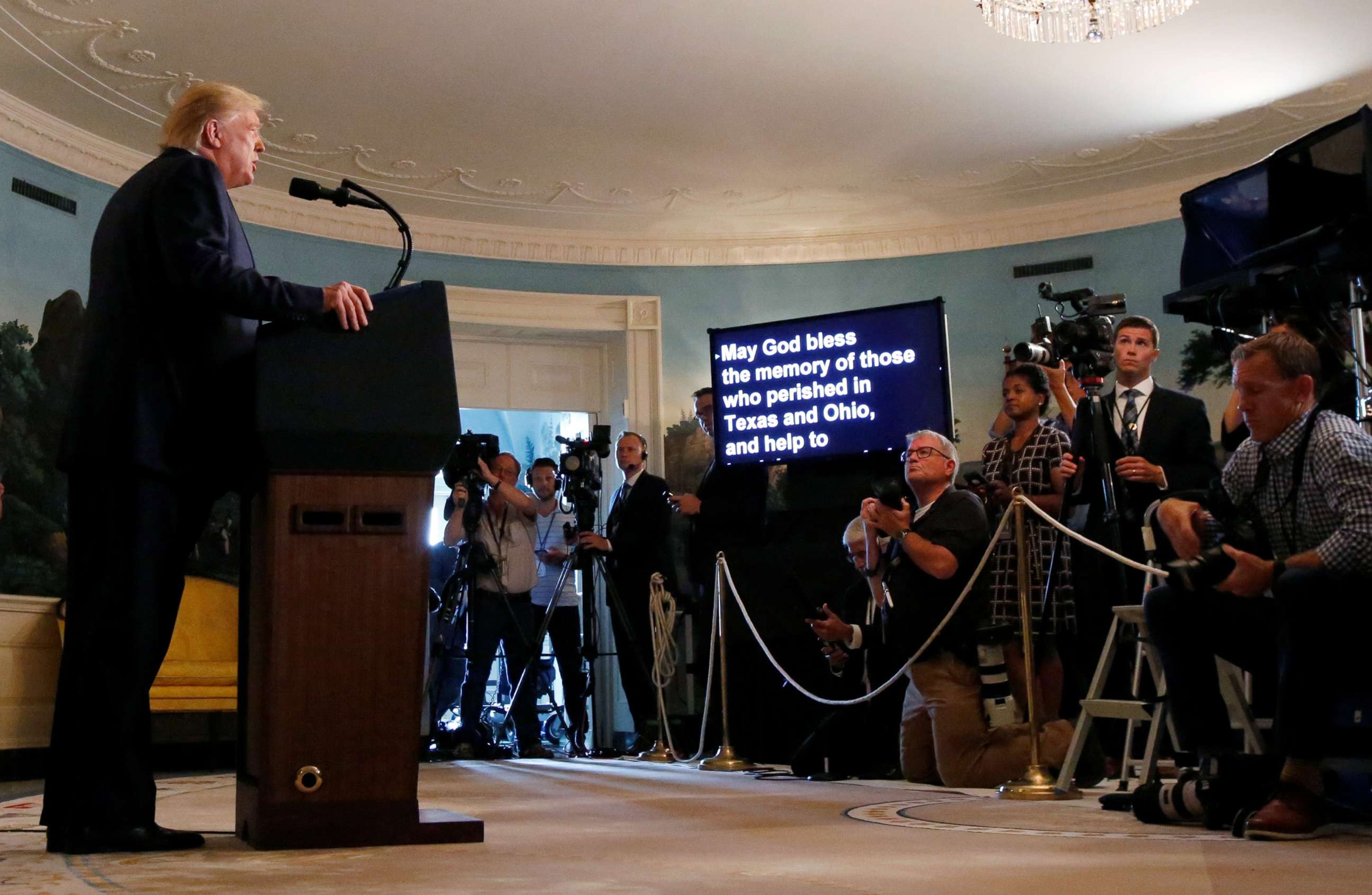 PHOTO: President Donald Trump makes a statement to the news media about the recent mass shootings in El Paso, Texas, and Dayton, Ohio, from the Diplomatic Reception Room of the White House, Aug. 5, 2019.