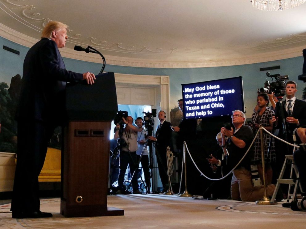 PHOTO: President Donald Trump makes a statement to the news media about the recent mass shootings in El Paso, Texas, and Dayton, Ohio, from the Diplomatic Reception Room of the White House, Aug. 5, 2019.