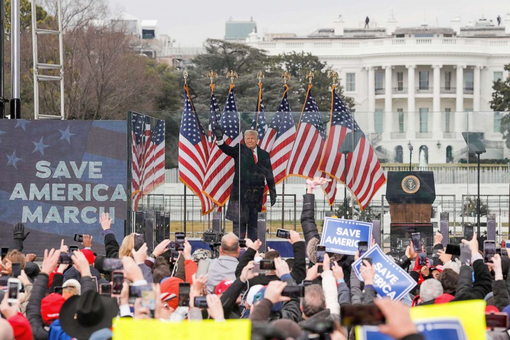 PHOTO: President Donald Trump waves to supporters during a Jan. 6, 2021 rally to contest the certification of the 2020 presidential election results by Congress, in Washington, D.C.