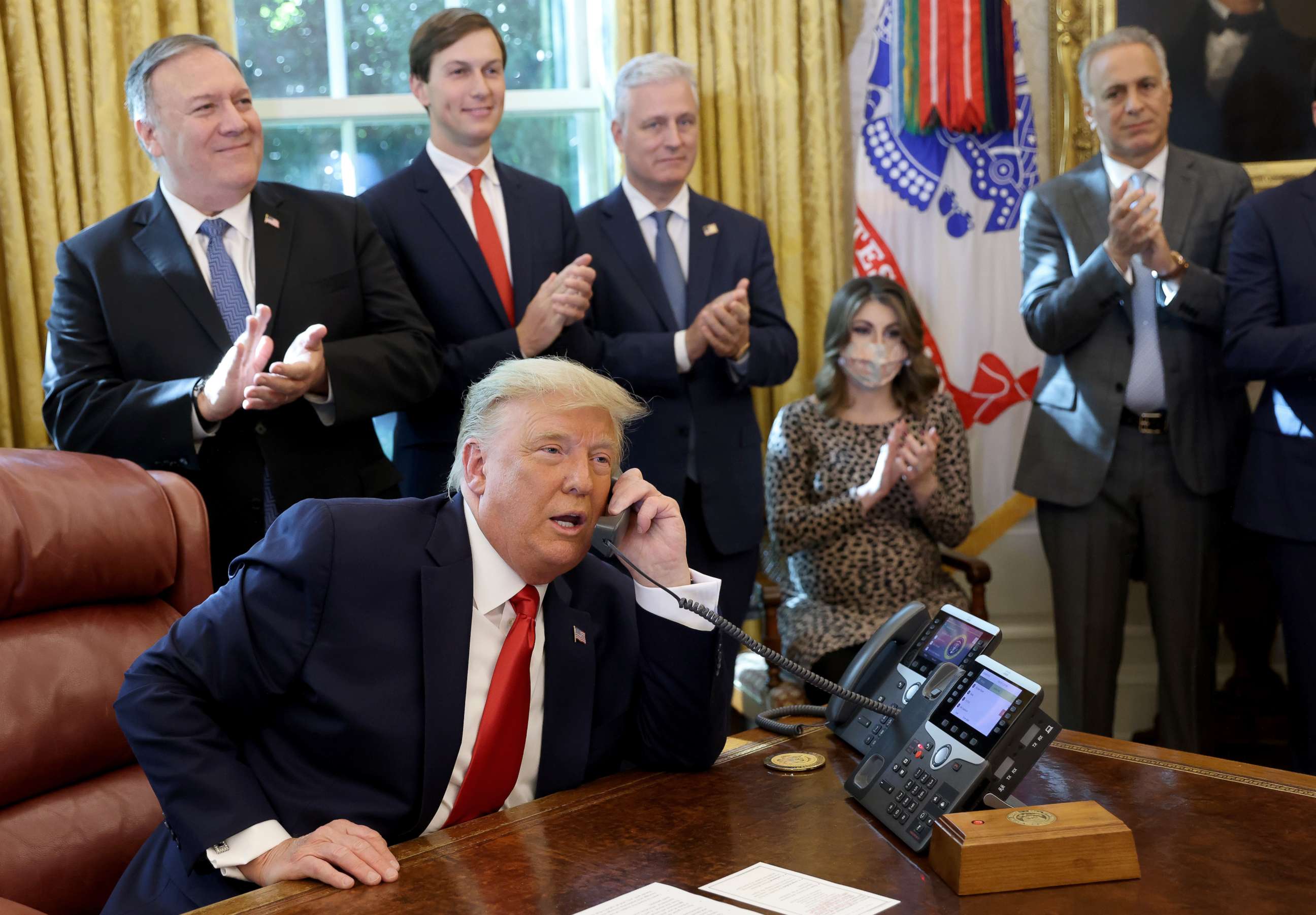 PHOTO: President Donald Trump speaks with Israeli Prime Minister Benjamin Netanyau on the phone about a Sudan-Israel peace agreement, in the Oval Office on Oct. 23, 2020, in Washington.