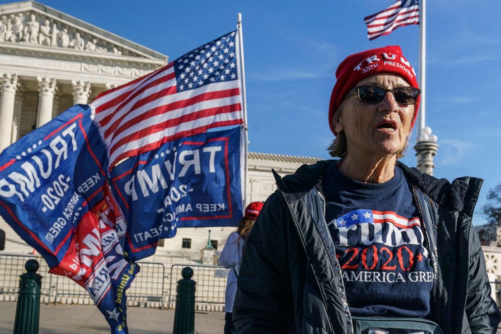 PHOTO: Joyce Bergeron of St. Cloud, Fla., and other activists demonstrate their support for President Donald Trump at the Supreme Court in Washington, Friday, Dec. 11, 2020.