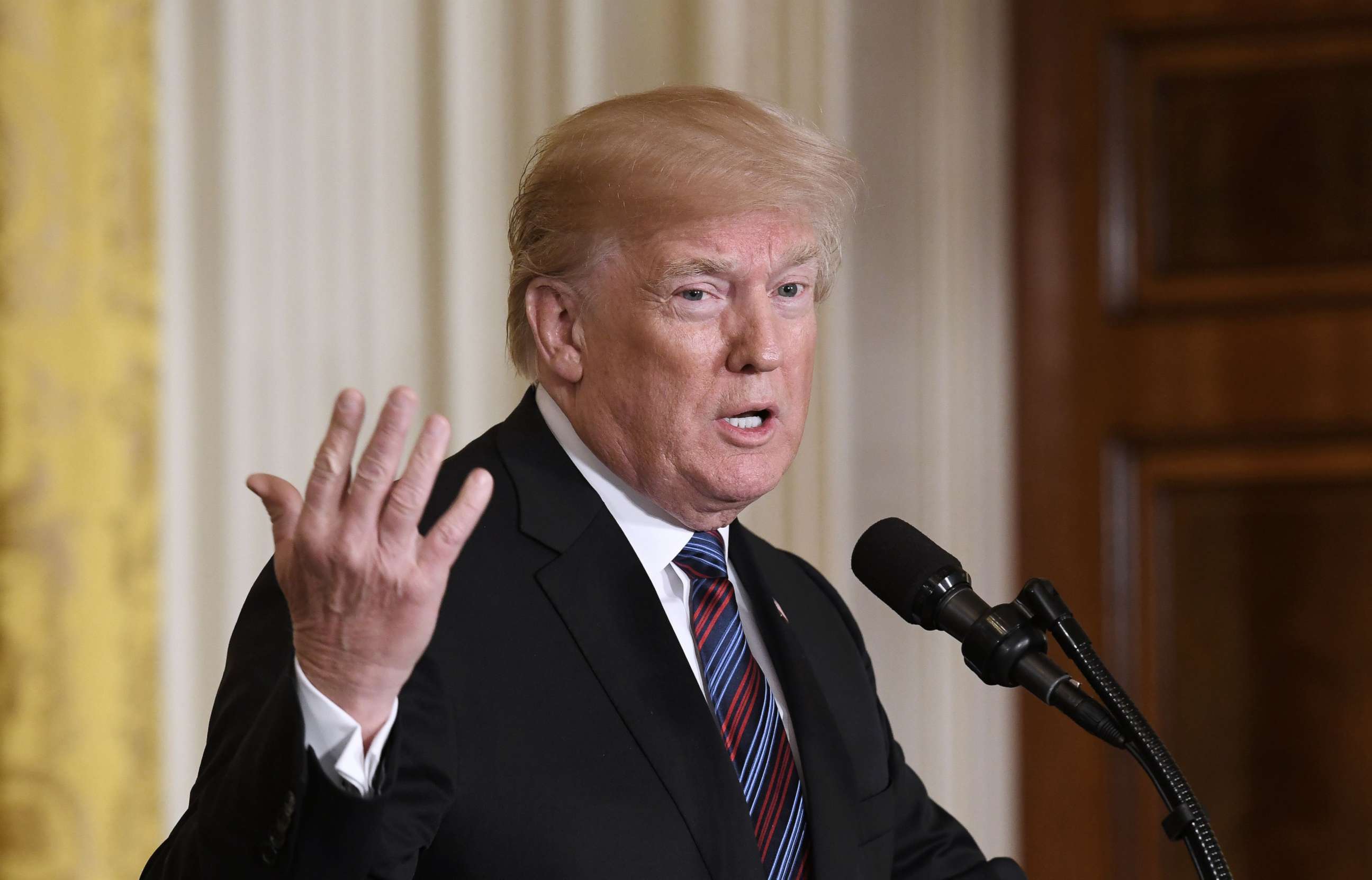 PHOTO: President Donald Trump speaks during a joint press conference with three Baltic States (Estonia, Latvia and Lithuania) in the East Room of the White House, April 3, 2018.
