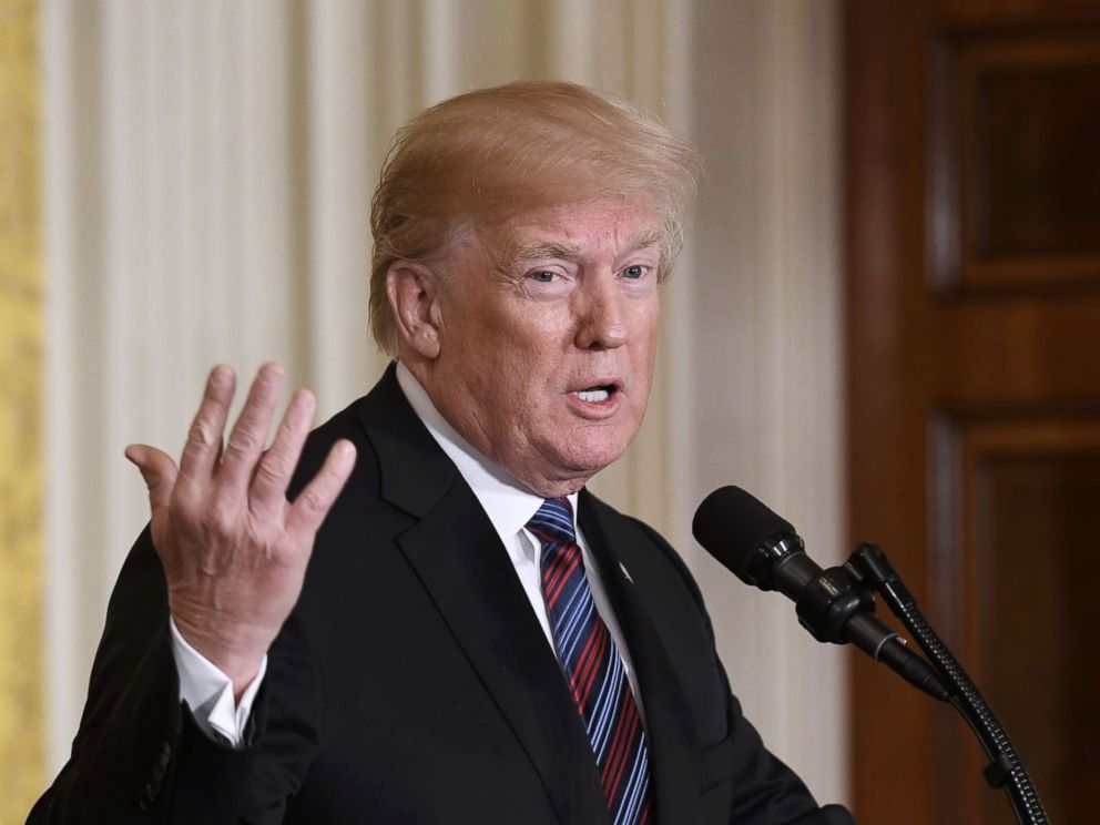 PHOTO: President Donald Trump speaks during a joint press conference with three Baltic States (Estonia, Latvia and Lithuania) in the East Room of the White House, April 3, 2018.