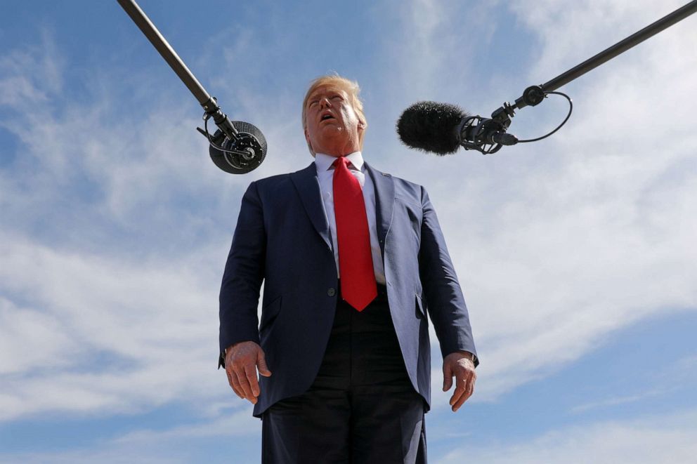 PHOTO: President Donald Trump speaks to reporters about Turkey's agreement to a ceasefire in Syria as he arrives in Fort Worth, Tx., on Oct. 17, 2019.