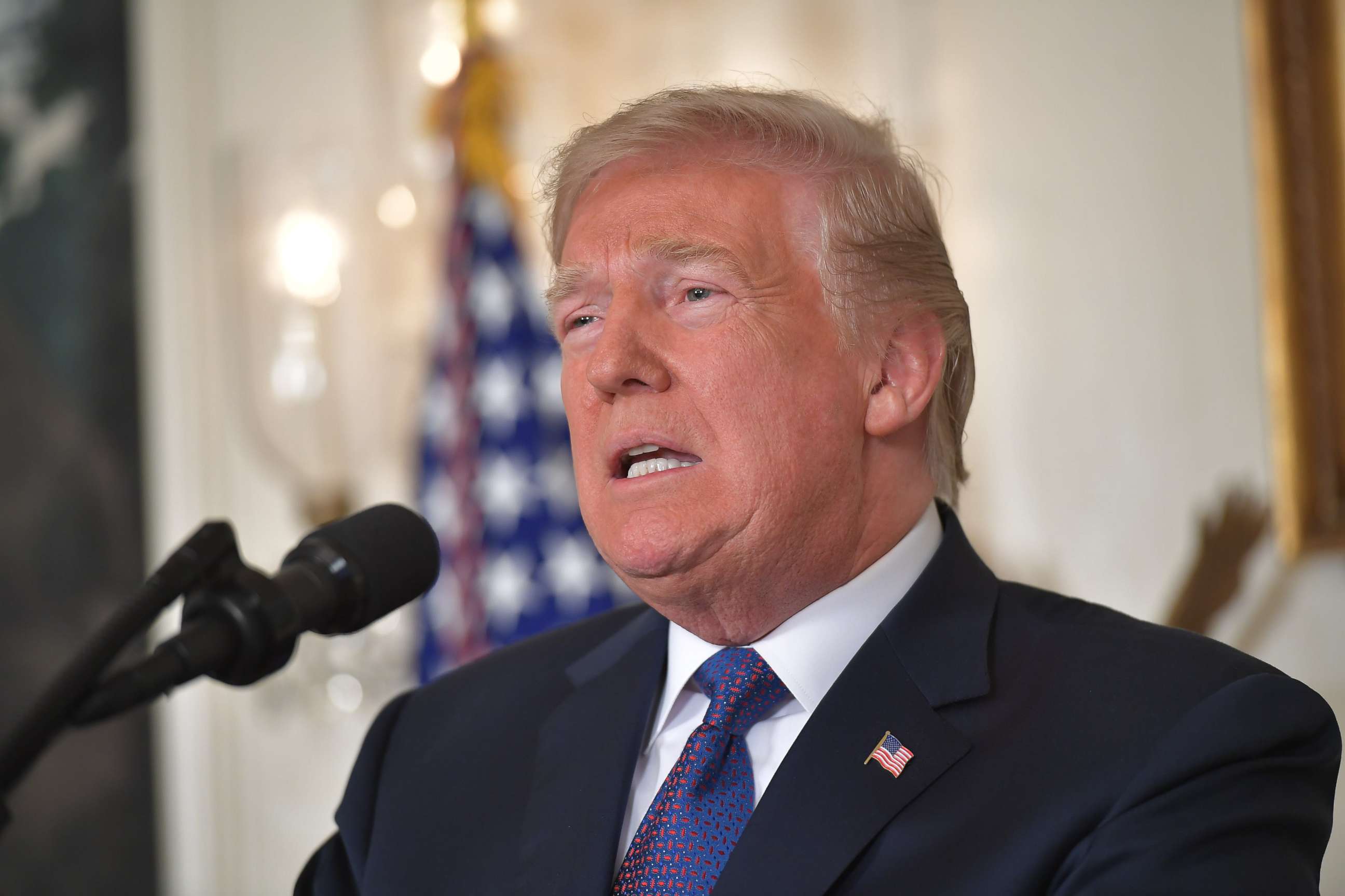 PHOTO: President Donald Trump addresses the nation on the situation in Syria April 13, 2018 at the White House in Washington. Trump said strikes on Syria are under way.