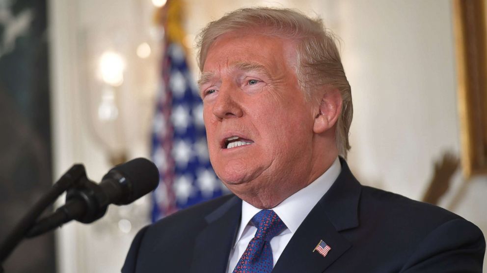 PHOTO: President Donald Trump addresses the nation on the situation in Syria April 13, 2018 at the White House in Washington. Trump said strikes on Syria are under way.
