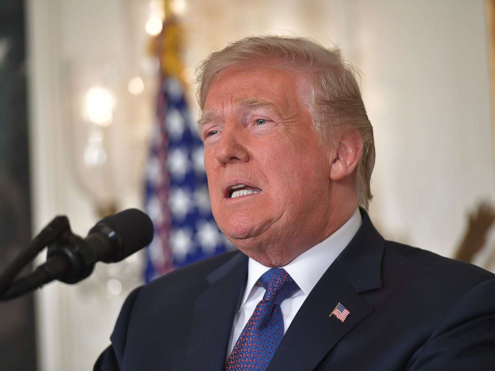 PHOTO: President Donald Trump addresses the nation on the situation in Syria April 13, 2018 at the White House in Washington. Trump said strikes on Syria are under way.