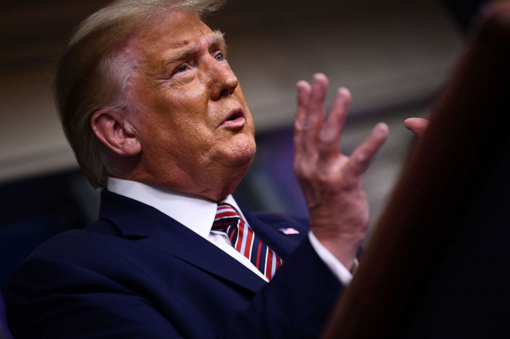 PHOTO: US President Donald Trump speaks during a briefing at the White House September 27, 2020, in Washington, DC.