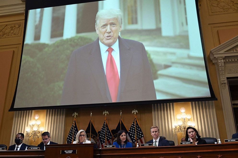 PHOTO: A video of former President Donald Trump plays on screen during a hearing by the House Select Committee to investigate the Jan. 6 attack on the U.S. Capitol, July 21, 2022, in Washington, D.C.