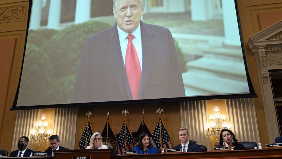 PHOTO: A video of former President Donald Trump plays on screen during a hearing by the House Select Committee to investigate the Jan. 6 attack on the U.S. Capitol, July 21, 2022, in Washington, D.C.