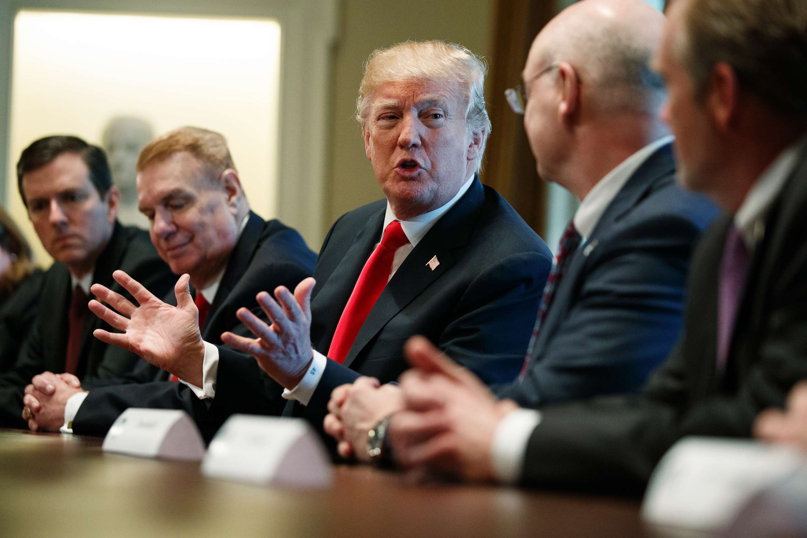 PHOTO: President Donald Trump speaks during a meeting with steel and aluminum executives in the Cabinet Room of the White House, March 1, 2018.