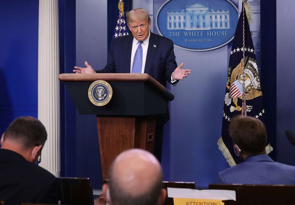 PHOTO: President Donald Trump talks to journalists during a news conference about his administration's response to the ongoing global coronavirus pandemic in the Brady Press Briefing Room at the White House, July 22, 2020 in Washington, DC. 