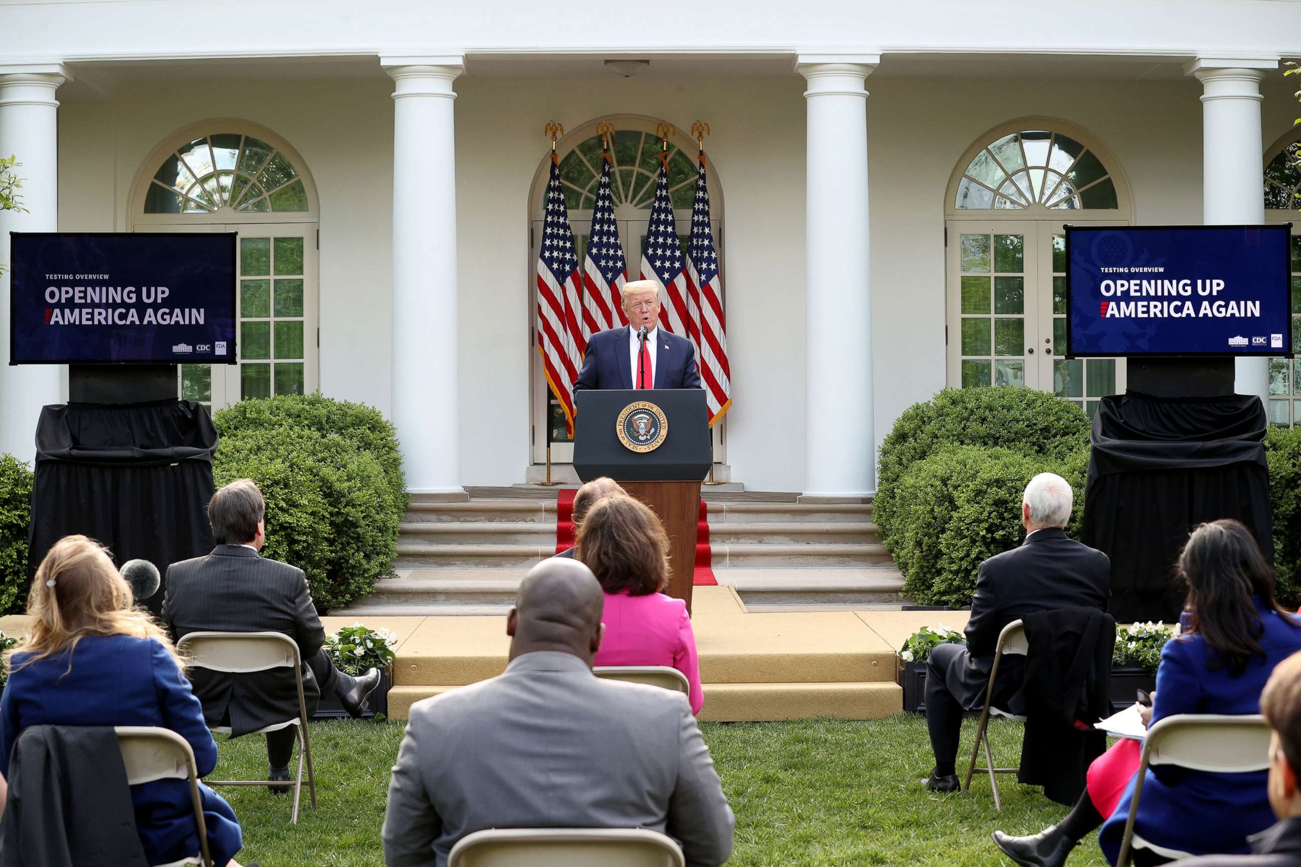 PHOTO: President Donald Trump speaks during the daily briefing of the coronavirus task force in the Rose Garden at the White House on April 27, 2020 in Washington, D.C.