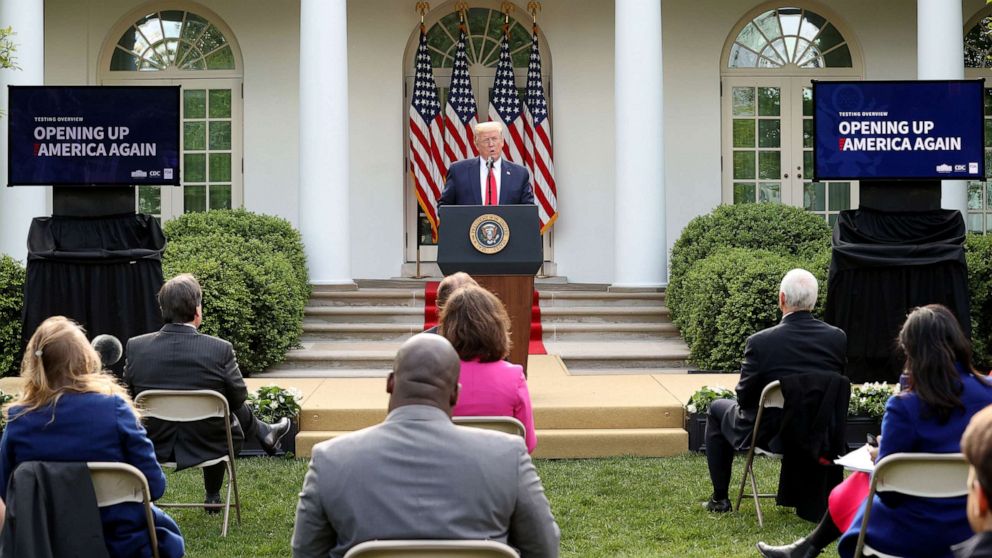 PHOTO: President Donald Trump speaks during the daily briefing of the coronavirus task force in the Rose Garden at the White House on April 27, 2020 in Washington, D.C.