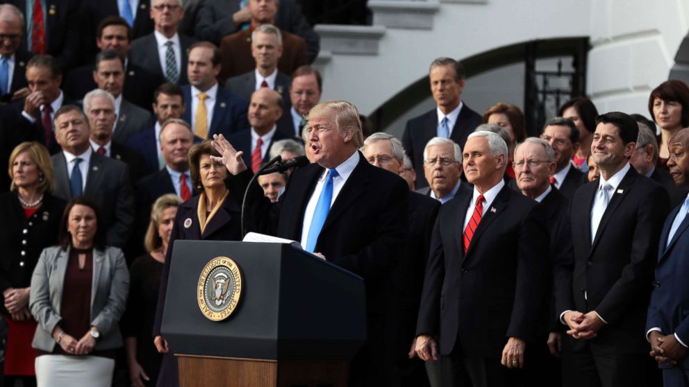 President Donald Trump speaks during a bill passage event on the South Lawn of the White House in Washington, Dec. 20, 2017, to acknowledge the final passage of tax overhaul legislation by Congress. 