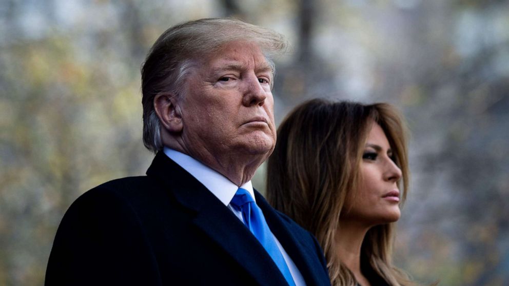PHOTO: President Donald Trump and first Lady Melania Trump listen to Taps during a Veterans Day event at Madison Square Park in New York City, Nov. 11, 2019.