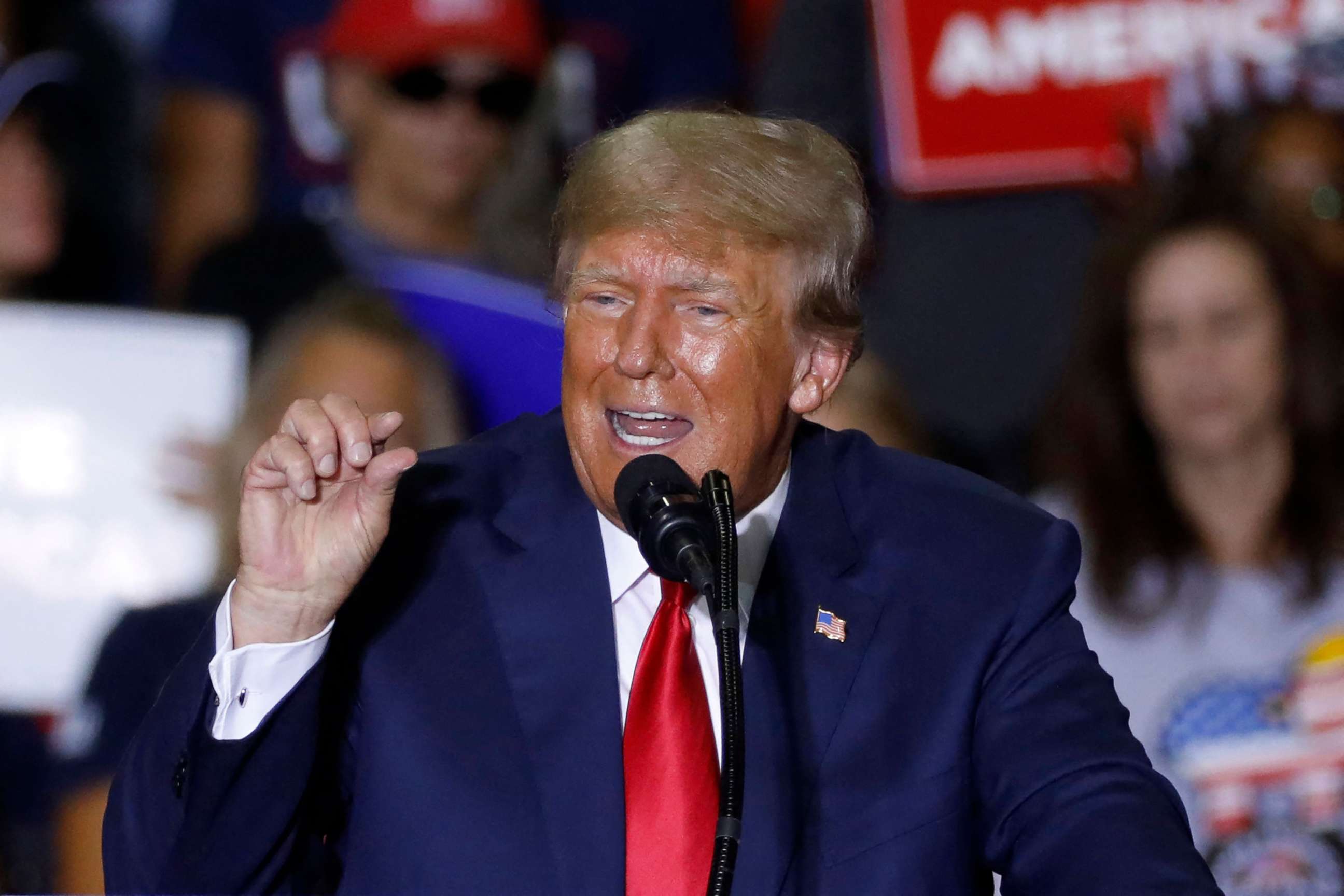 PHOTO: In this file photo taken on Oct. 1, 2022, former President Donald Trump speaks during a Save America rally at Macomb County Community College Sports and Expo Center in Warren, Mich.