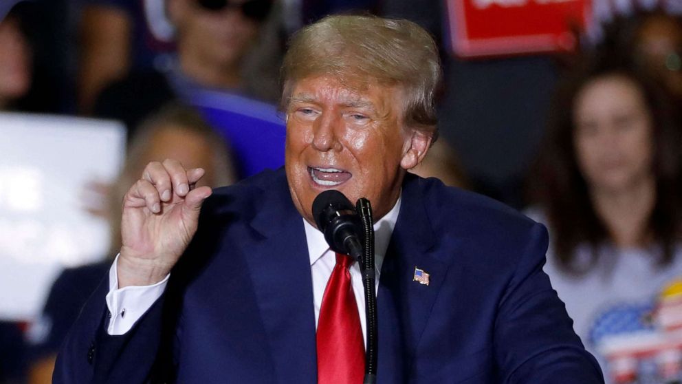 PHOTO: In this file photo taken on Oct. 1, 2022, former President Donald Trump speaks during a Save America rally at Macomb County Community College Sports and Expo Center in Warren, Mich.