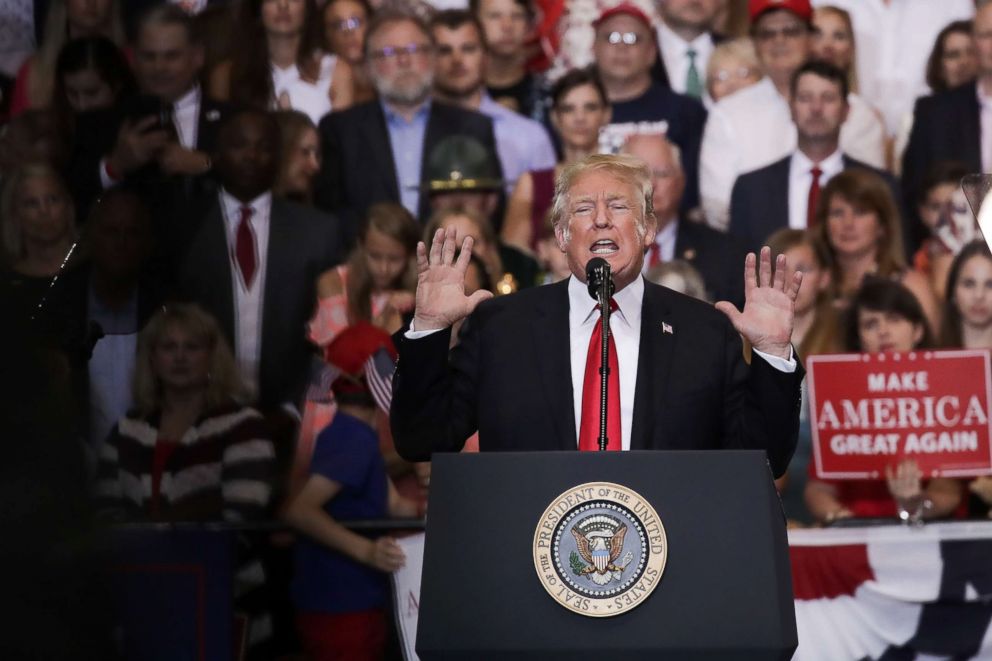 PHOTO: President Donald Trump speaks during a rally at the Nashville Municipal Auditorium, May 29, 2018 in Nashville, Tenn. 