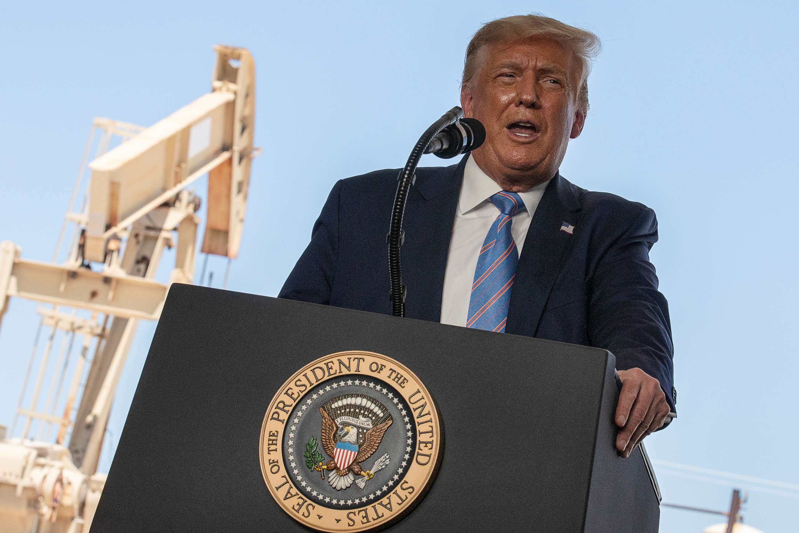 PHOTO: President Donald Trump delivers a speech during a tour of the Double Eagle Energy Oil Rig in Midland, Texas, on July 29, 2020. 