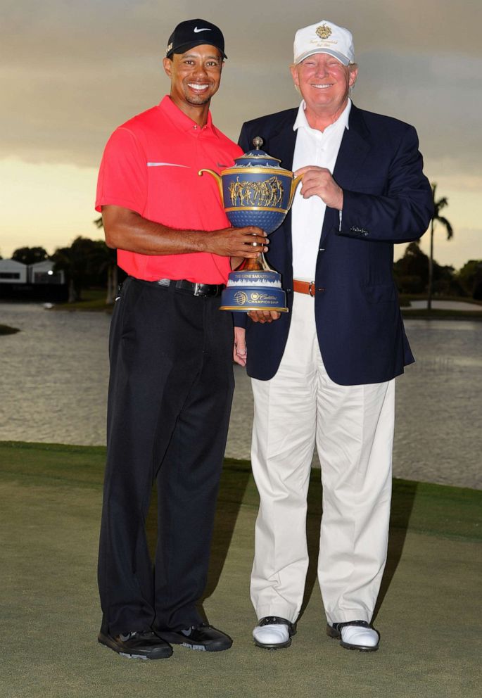 PHOTO: Tiger Woods and Donald Trump pose with the winner's trophy after the final round of the World Golf Championships-Cadillac Championship at TPC Blue Monster at Doral, March 10, 2013, in Doral, Fla.