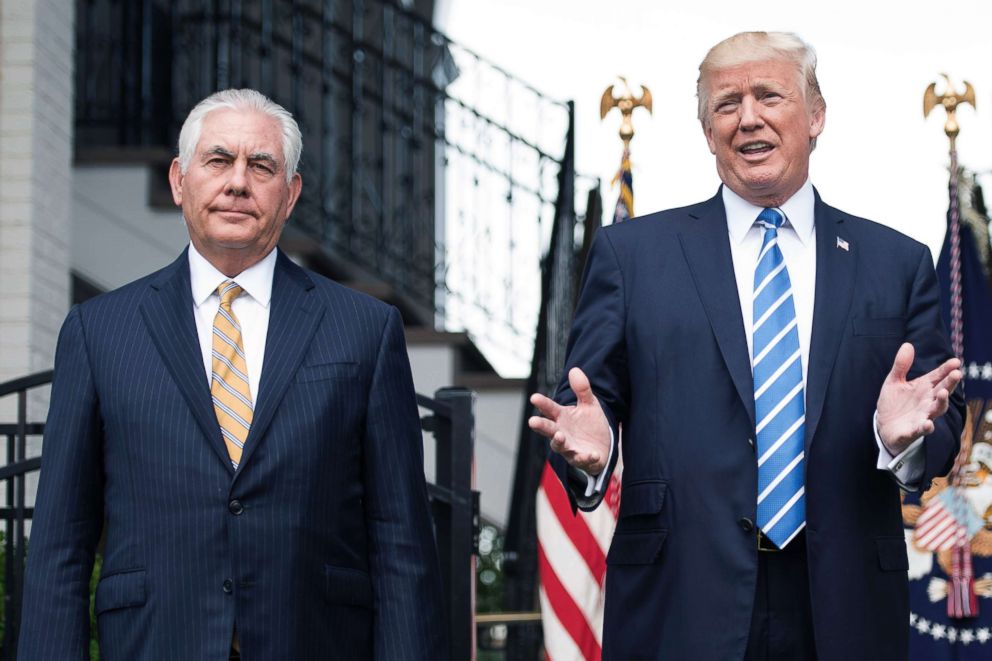 PHOTO: Secretary of State Rex Tillerson and President Donald Trump speaks to the press, Aug. 11, 2017, at Trump National Golf Club in Bedminster, N.J.
