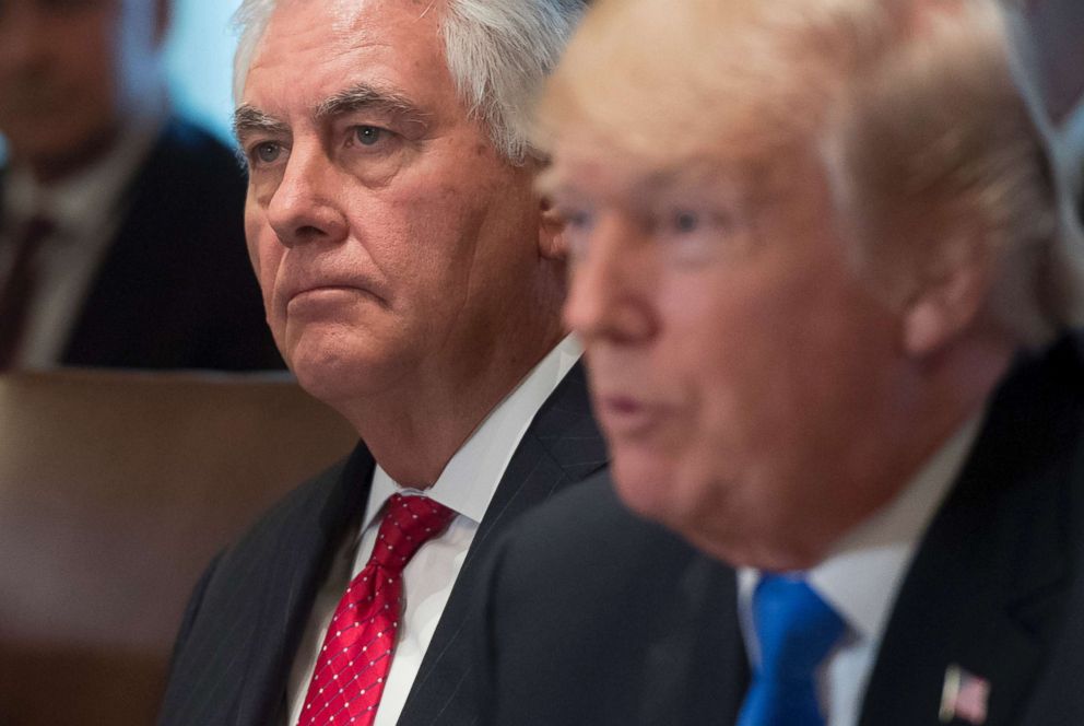 PHOTO: Secretary of State Rex Tillerson and President Donald Trump during a Cabinet Meeting at the White House, Dec. 20, 2017. Trump