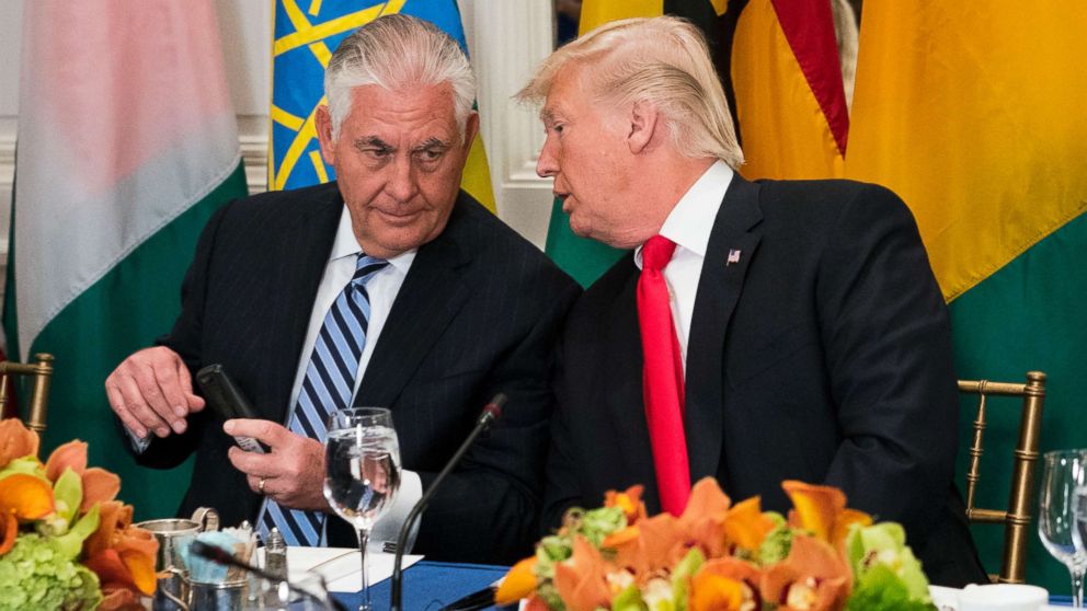 President Donald Trump talks with Secretary of State Rex Tillerson at the Palace Hotel in New York City, Sept. 20, 2017.  