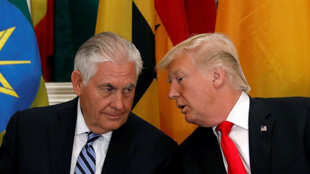 President Donald Trump and Secretary of State Rex Tillerson confer during a working lunch with African leaders during the U.N. General Assembly in New York, Sept. 20, 2017.