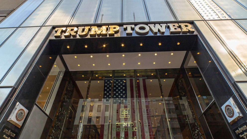 PHOTO: A wide angle view shows the main entrance of Trump Tower in New York, Feb, 2020.