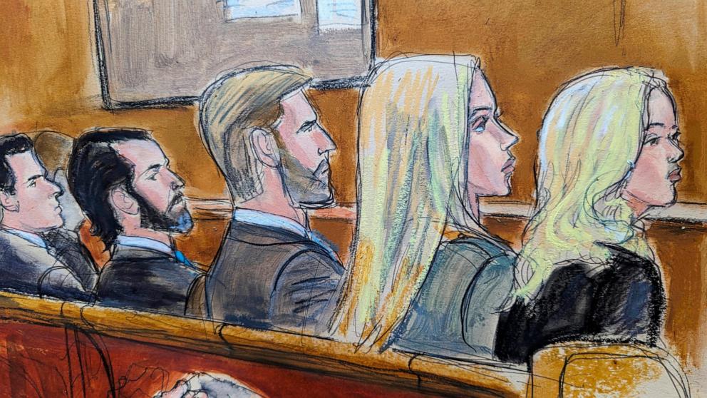 PHOTO: In this courtroom sketch, May 28, 2024, members of Donald Trump's family watch court proceedings, in New York. They are, from left: Michael Boulos, Tiffany Trump's husband; Donald Trump Jr.; Eric Trump; Lara Trump; and Tiffany Trump. 