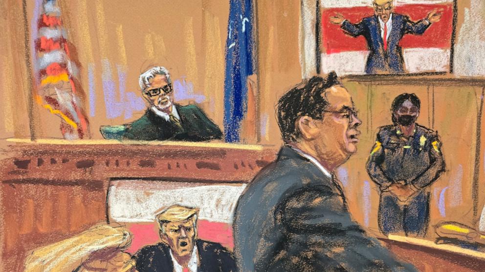 PHOTO: Former President Trump looks on as prosecutor Steinglass shows a C-SPAN video clip of Trump in Greensboro, on a screen during Trump's criminal trial in Manhattan state court in New York City, May 28, 2024 in this courtroom sketch. 
