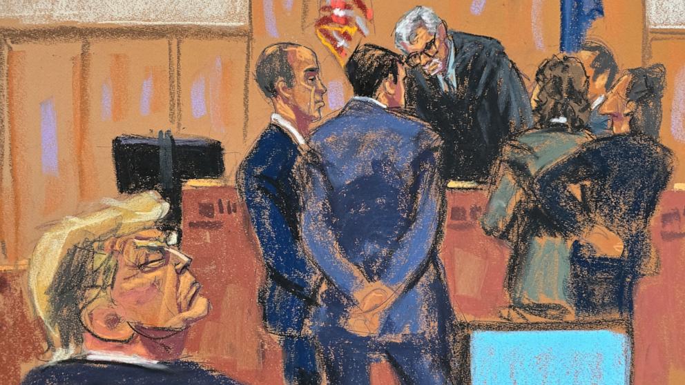 PHOTO: Lawyers meet with Justice Juan Merchan during former President Donald Trump's criminal trial in Manhattan state court in New York City, May 16, 2024 in this courtroom sketch.