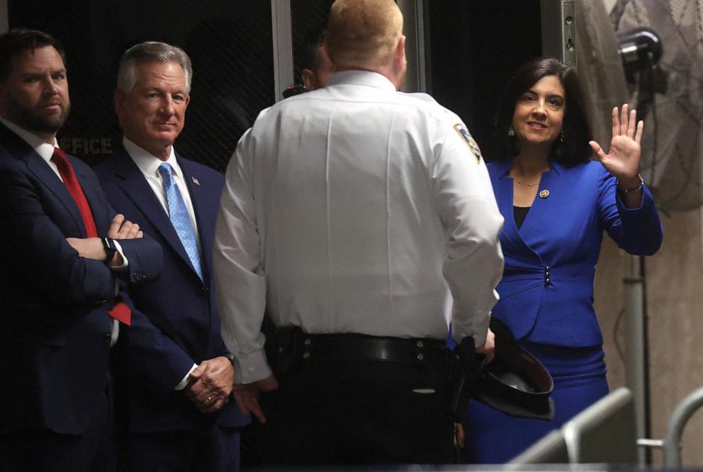 PHOTO: Sen. J.D. Vance, Sen. Tommy Tuberville and Rep. Nicole Malliotakis arrive for former President Donald Trump's trial at Manhattan Criminal Court in New York City, on May 13, 2024.