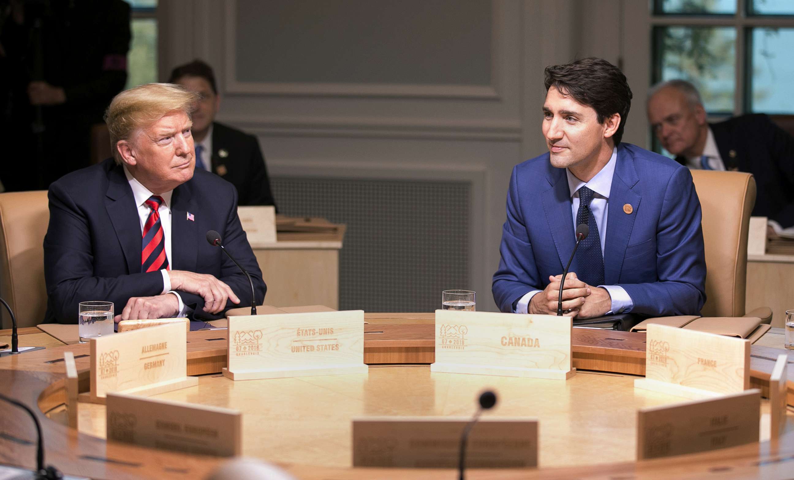 PHOTO: President Donald Trump and Canada's Prime Minister Justin Trudeau participate in the working session at the G7 Summit in Quebec, Canada, June 8, 2018.