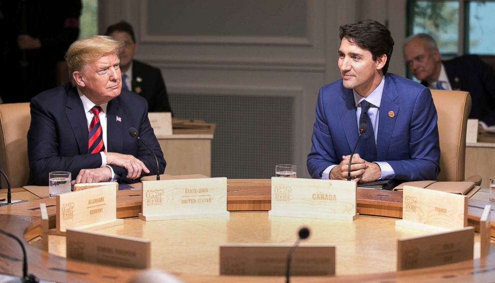 PHOTO: President Donald Trump and Canadas Prime Minister Justin Trudeau participate in the working session at the G7 Summit in Quebec, Canada, June 8, 2018.