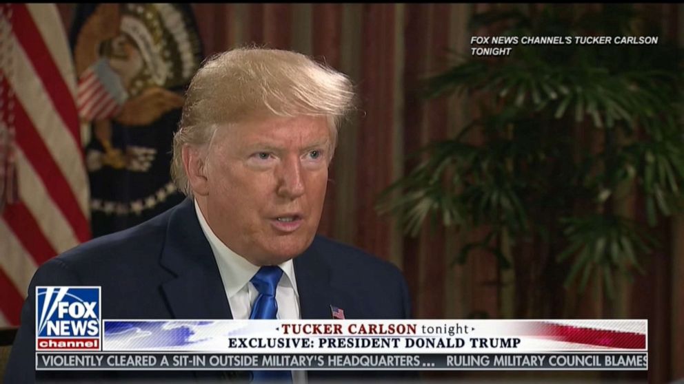 PHOTO: President Donald Trump appears in an interview with Fox News' Tucker Carlson that aired on July 1, 2019.