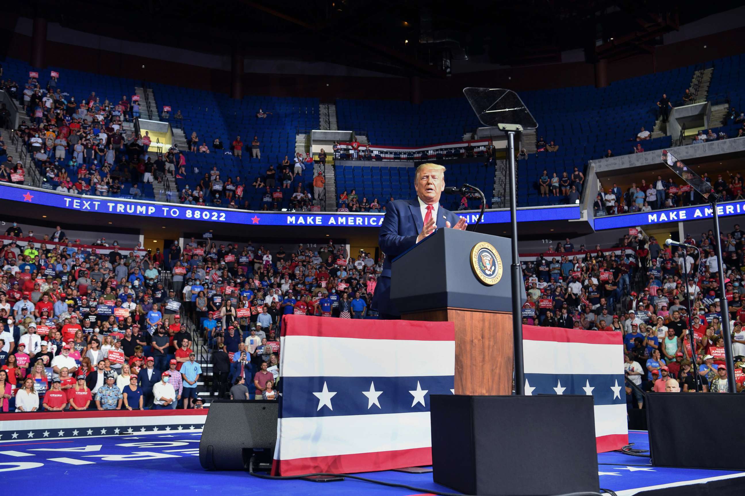 PHOTO: President Donald Trump speaks during a campaign rally at the BOK Center on June 20, 2020 in Tulsa, Okla.