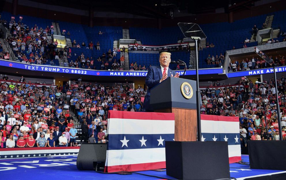 PHOTO: President Donald Trump speaks during a campaign rally at the BOK Center on June 20, 2020 in Tulsa, Okla.