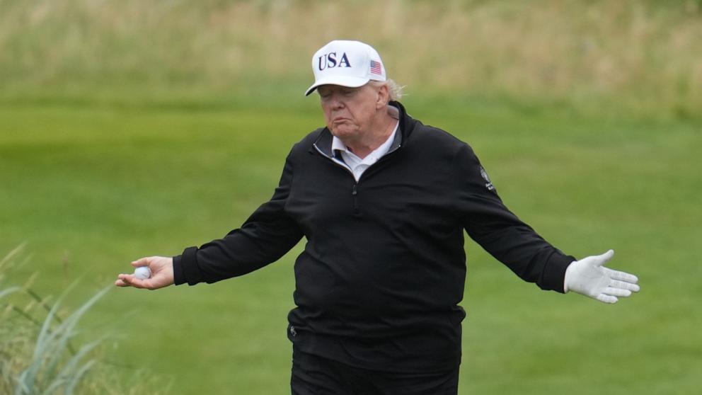 PHOTO: U.S. President Donald Trump reacts as he plays a round of golf at Trump Turnberry during his visit to the U.K. on July 27, 2025, in Turnberry, Scotland. Trump is also visiting Trump International Golf Links in Aberdeenshire during his trip.