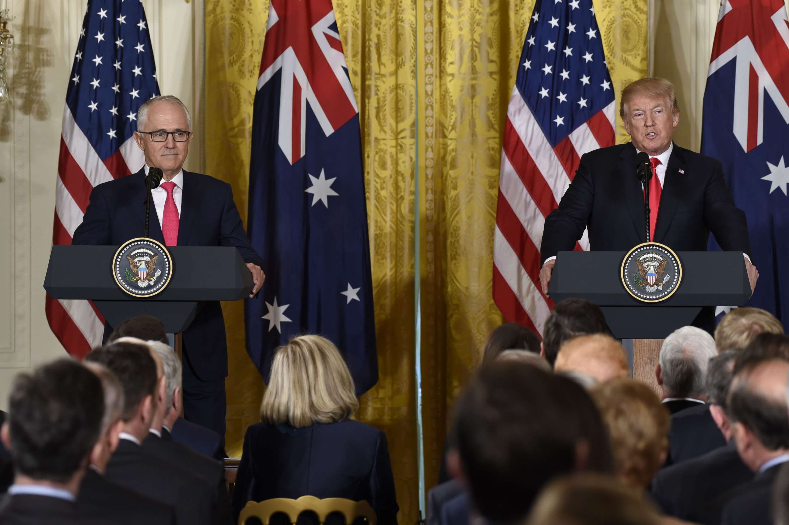 PHOTO: President Donald Trump and Australian Prime Minister Malcolm Turnbull hold a joint press conference in the East Room of the White House in Washington, Feb. 23, 2018. 