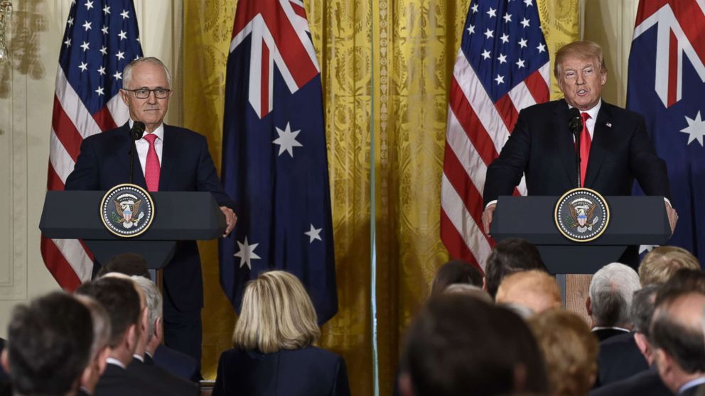 PHOTO: President Donald Trump and Australian Prime Minister Malcolm Turnbull hold a joint press conference in the East Room of the White House in Washington, Feb. 23, 2018. 