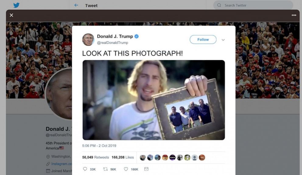 PHOTO:An image of a twitter post by President Trump showing a digitally altered image from a Nickelback music video that has since been removed after it generated a complaint by Nickelback.