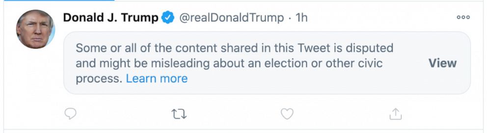 PHOTO: A notification of misleading information about an election appears on a post from President Donald Trump on Twitter.