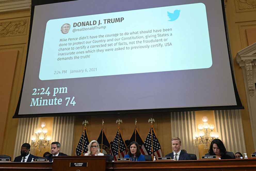 PHOTO: A tweet from former US President Donald Trump is displayed on a screen during a hearing by the House Select Committee to investigate the January 6th attack on the US Capitol in Washington, D.C., on July 21, 2022.