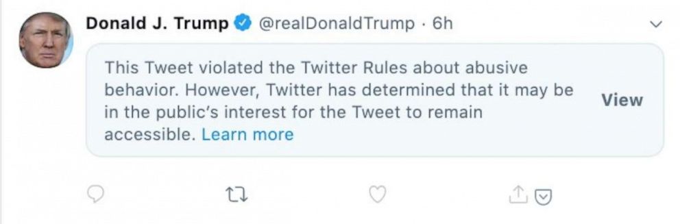 PHOTO: A screenshot made on June 23, 2020, shows President Donald Trump's tweet obscured by Twitter's "public interest" warning label.