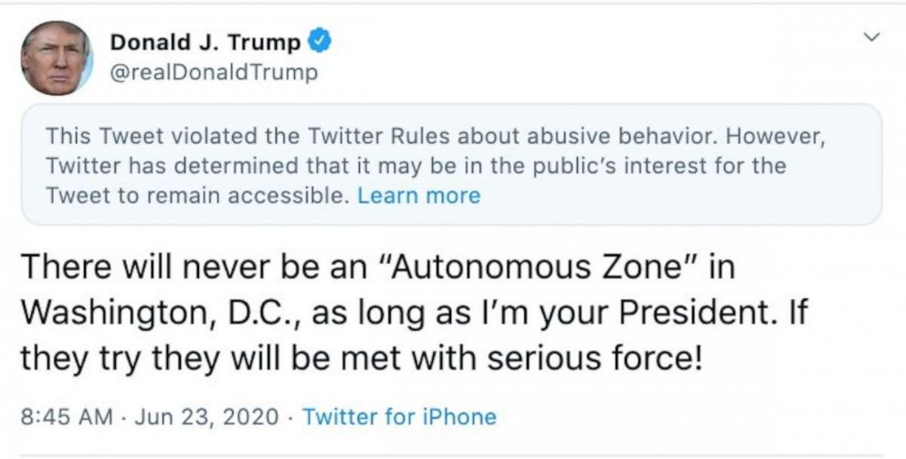 PHOTO: A screenshot made on June 23, 2020, shows President Donald Trump's expanded tweet given a "public interest" label by Twitter.